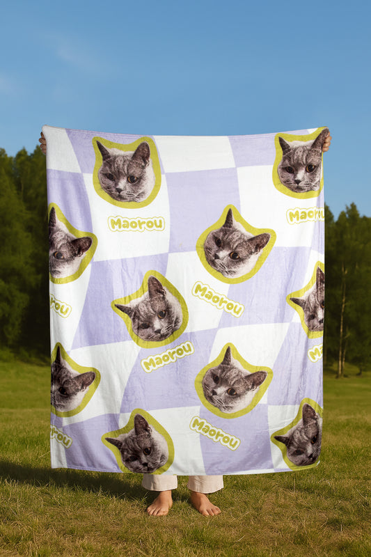 Person holding a blanket with cat pattern outdoors
