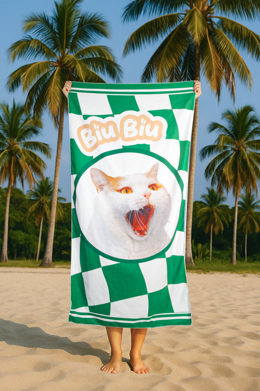 Person holding a green and white checkered towel with a cat graphic on a beach
