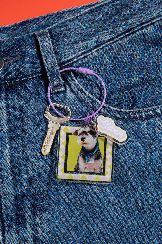 Keychain with a photo of a dog attached to blue jeans.