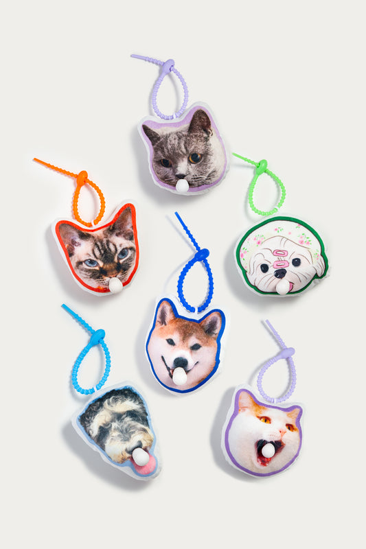 Set of cat-themed keychains on a white background