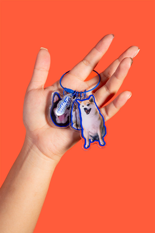 Hand holding a keychain with dog illustrations against an orange background
