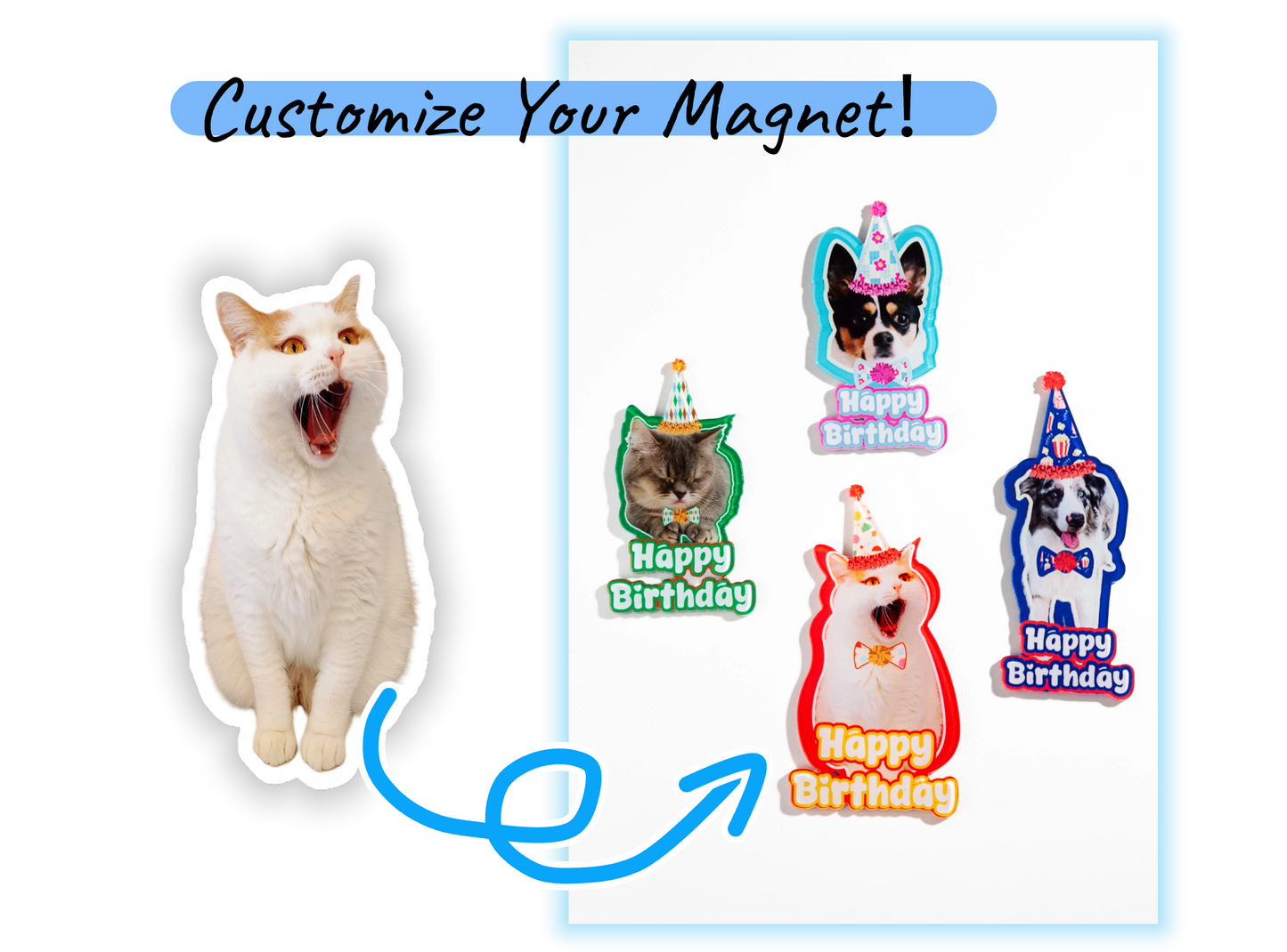 Custom Pet Birthday Magnet Gift | Personalized Dog or Cat Photo with Party Hat | Cute Fridge Decor for Pet Lovers