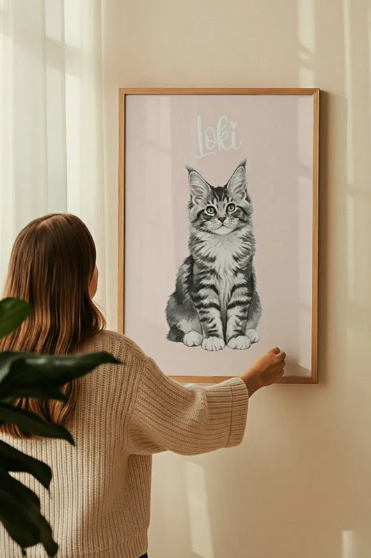 Person hanging a framed picture of a cat on a wall