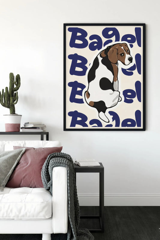 Framed artwork of a beagle with text on a wall in a living room.