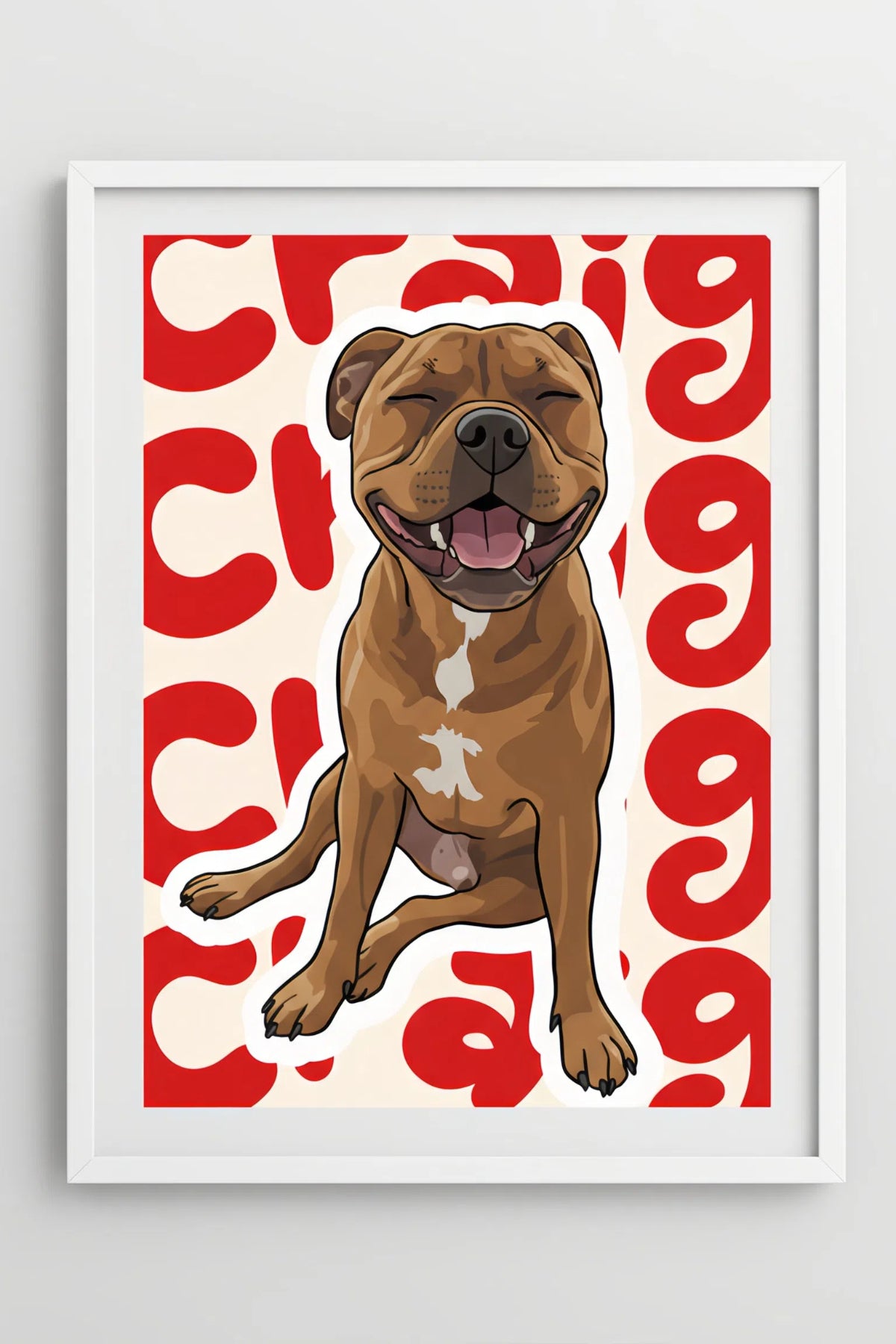 Framed artwork of a brown dog with red text on a white background