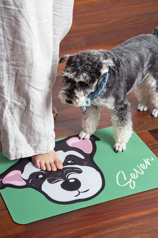 Dog standing on a green mat with a cartoon dog design, next to a person's foot.