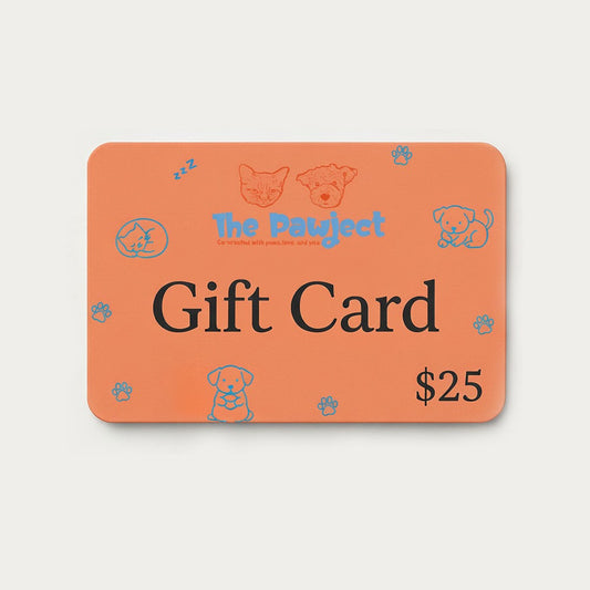 Orange gift card with 'The Pooch' branding and a value of $25 on a light gray background
