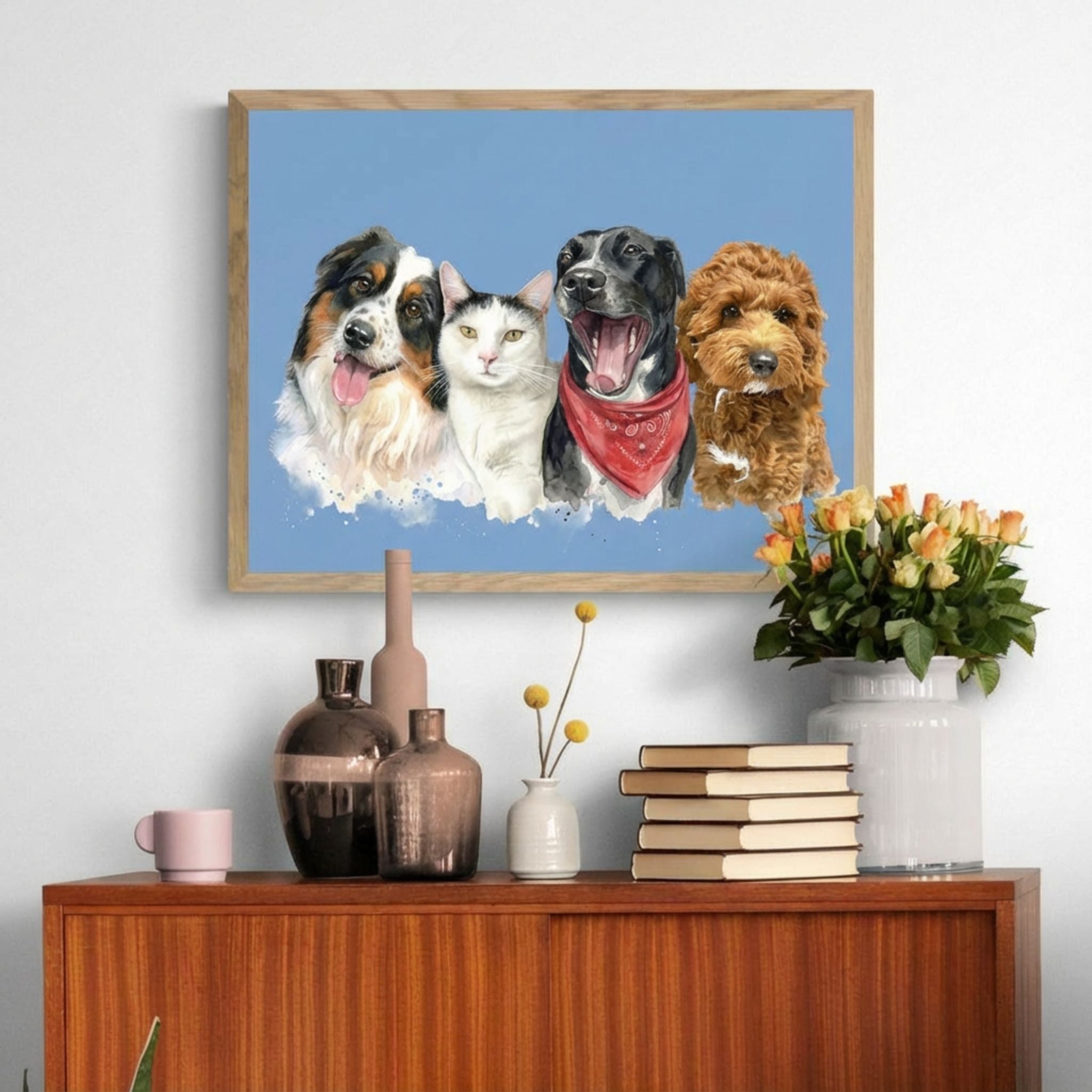 Custom Pet Watercolor Portrait: Multiple Pets (2, 3, or 4)