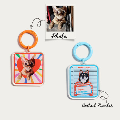 Placa de identificación cuadrada personalizada para mascotas con nombre | Placa personalizada con retrato para perro o gato | Accesorio moderno para collar en rojo o azul
