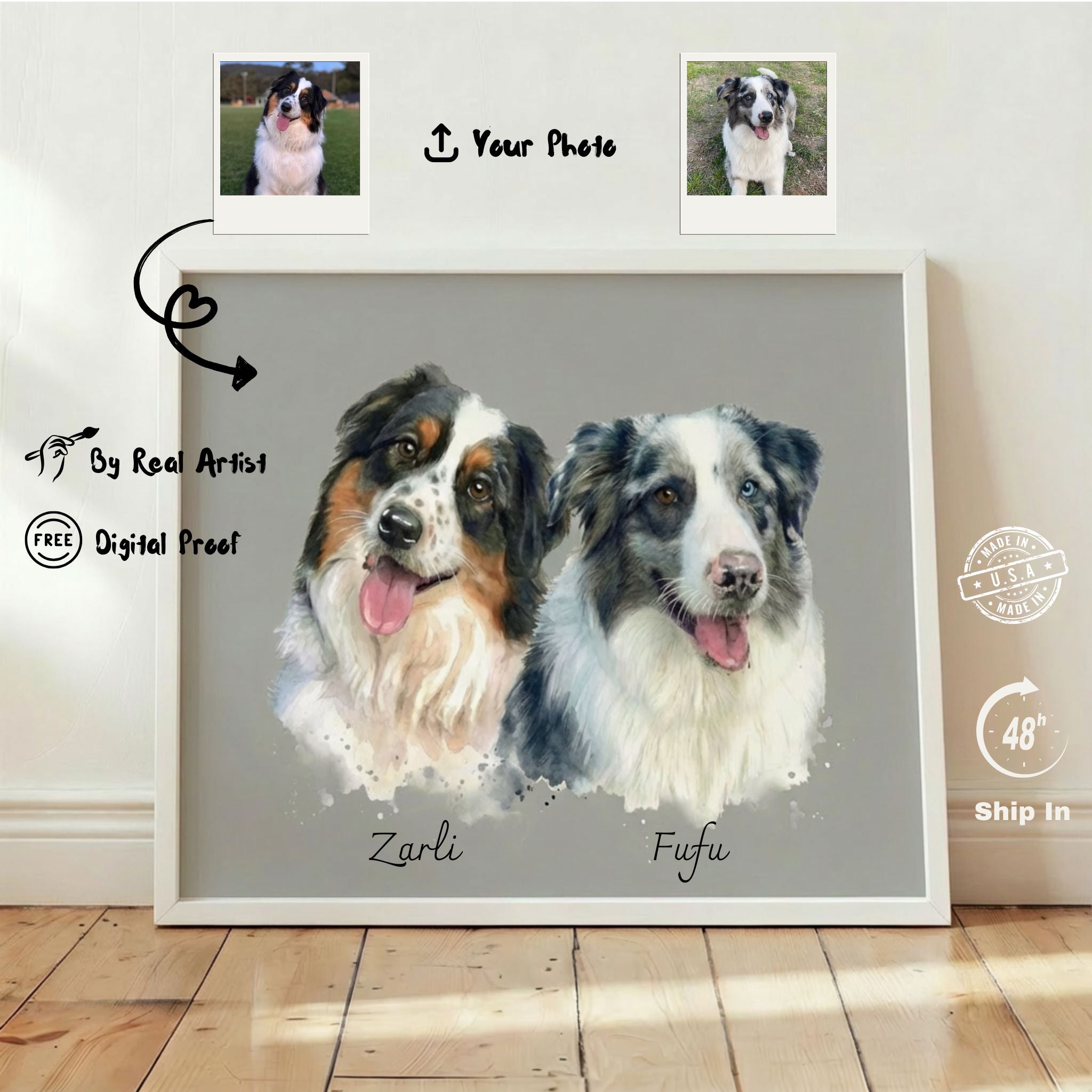 Custom Pet Watercolor Portrait: Multiple Pets (2, 3, or 4)