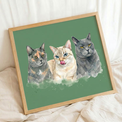 Custom Pet Watercolor Portrait: Multiple Pets (2, 3, or 4)