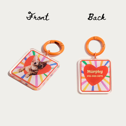 Placa de identificación cuadrada personalizada para mascotas con nombre | Placa personalizada con retrato para perro o gato | Accesorio moderno para collar en rojo o azul
