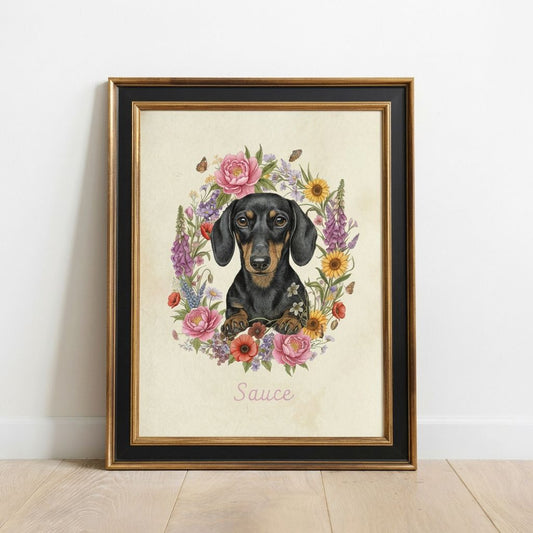 Custom Botanical Pet Portrait in Vintage Illustration Style