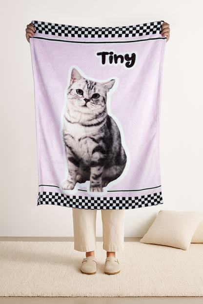 Custom Checkered Pet Blanket – Personalized Plush or Sherpa Throw with Pet Portrait | Graphic or Line Art Option