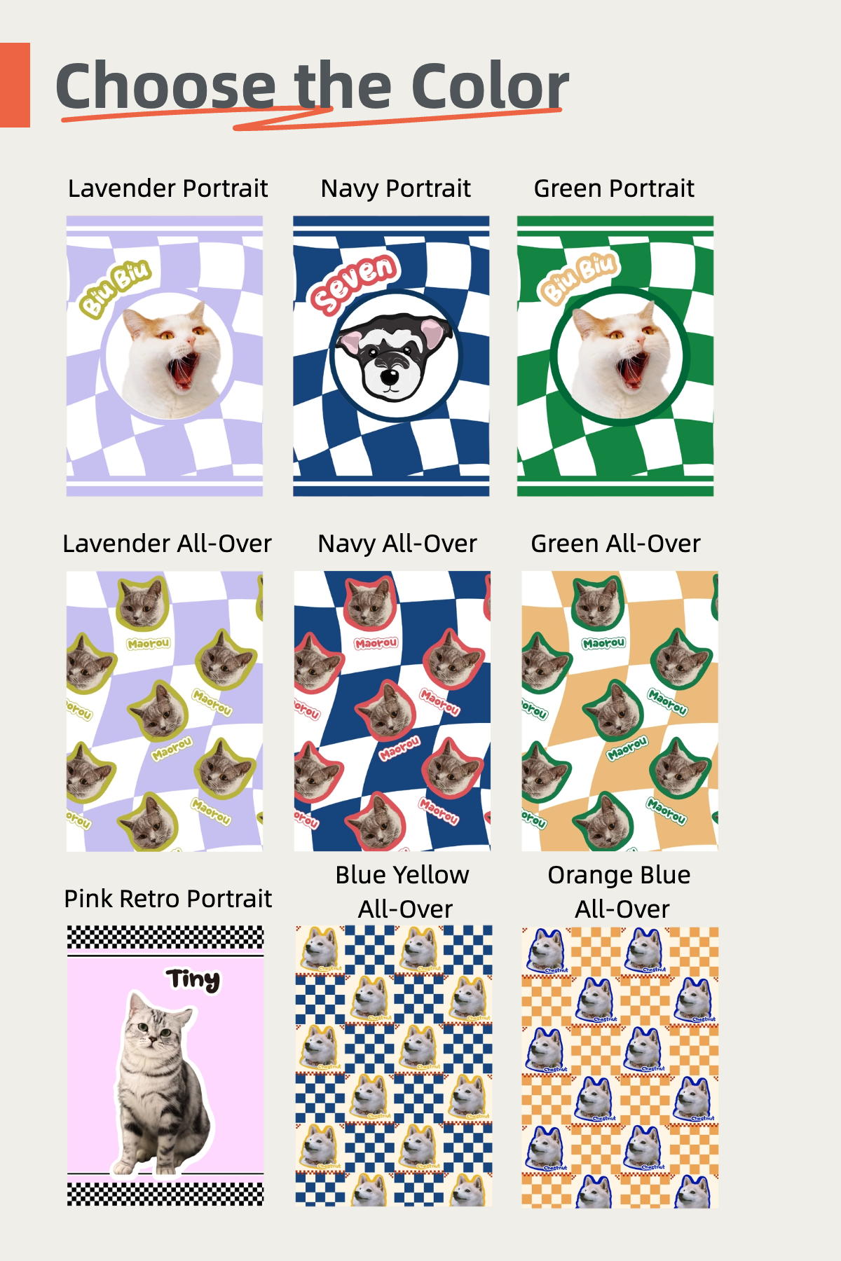 Color selection chart for pet products with various color options and corresponding designs.