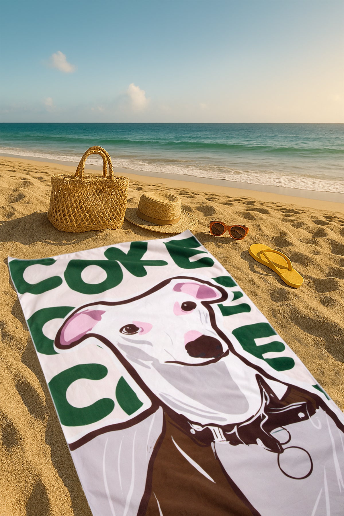 Beach towel with a dog design on a sandy beach with a bag, hat, and sunglasses.