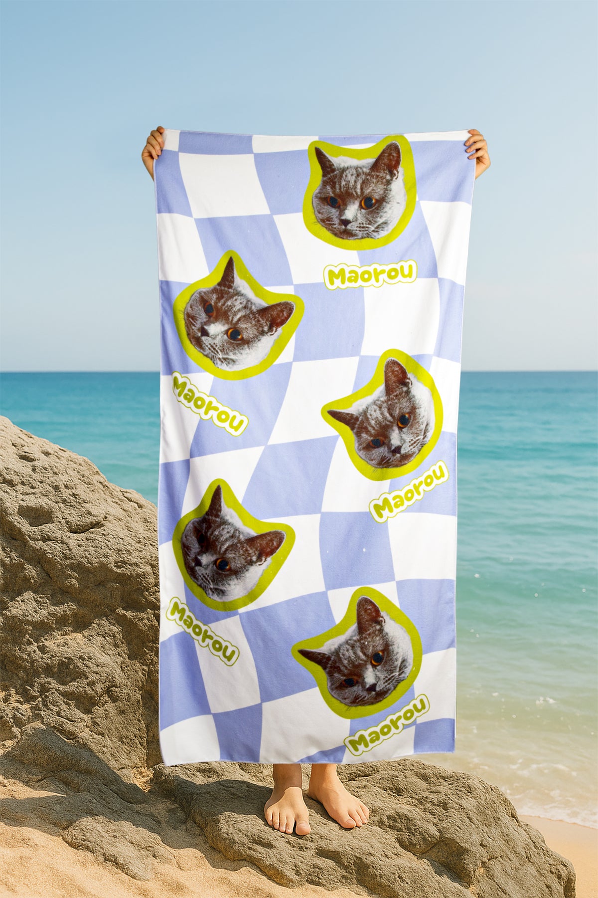 Custom Pet Beach Towel | Checkered Background & Pet Portrait | Personalized Line Art or Graphic Style