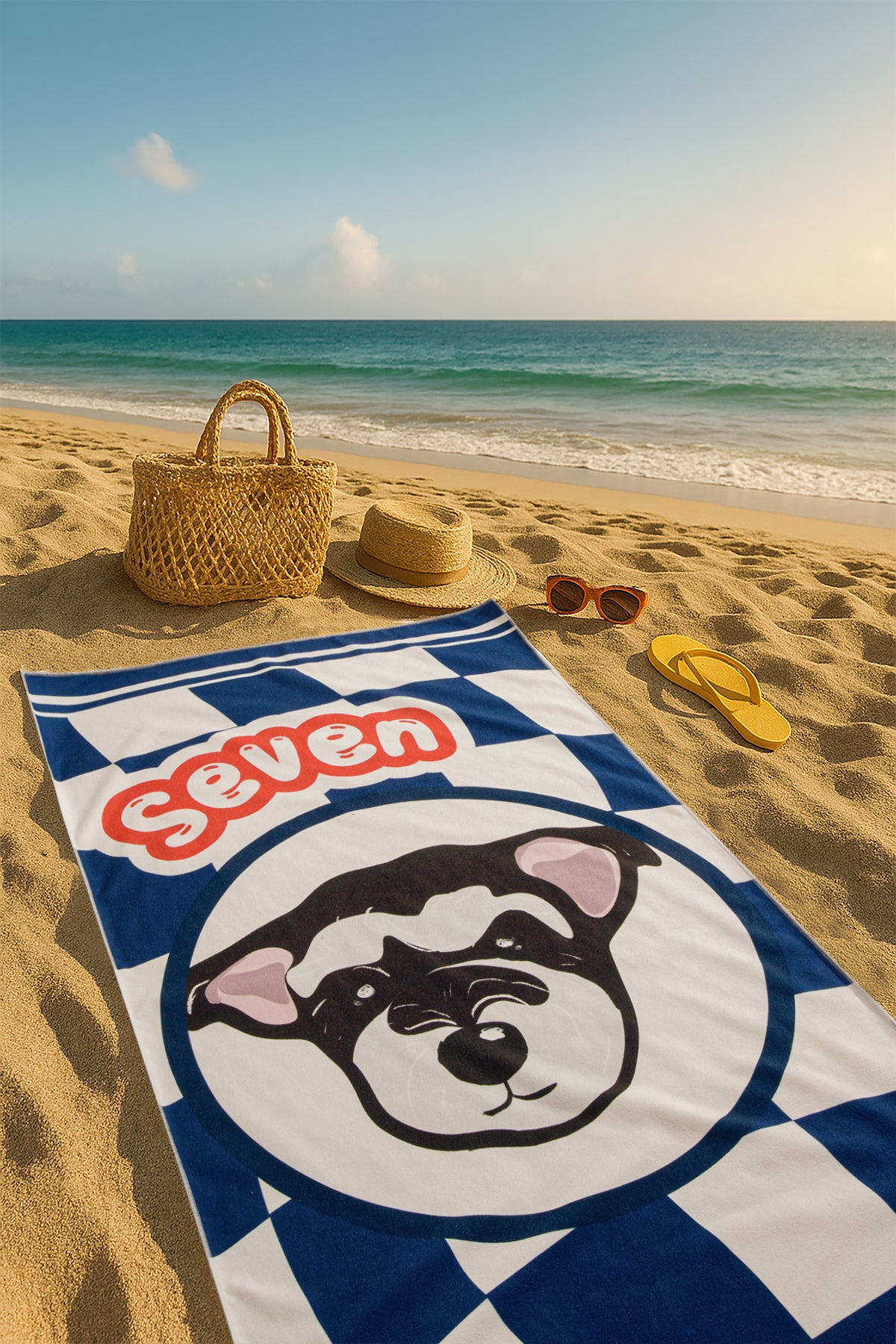 Custom Pet Beach Towel | Checkered Background & Pet Portrait | Personalized Line Art or Graphic Style