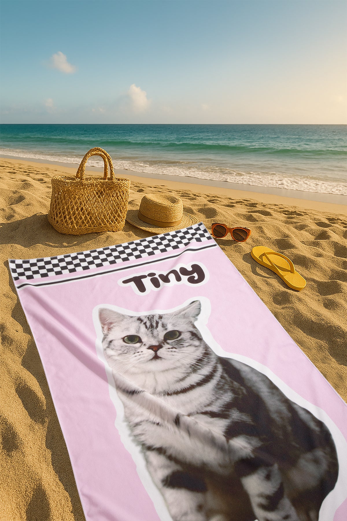 Custom Pet Beach Towel | Checkered Background & Pet Portrait | Personalized Line Art or Graphic Style