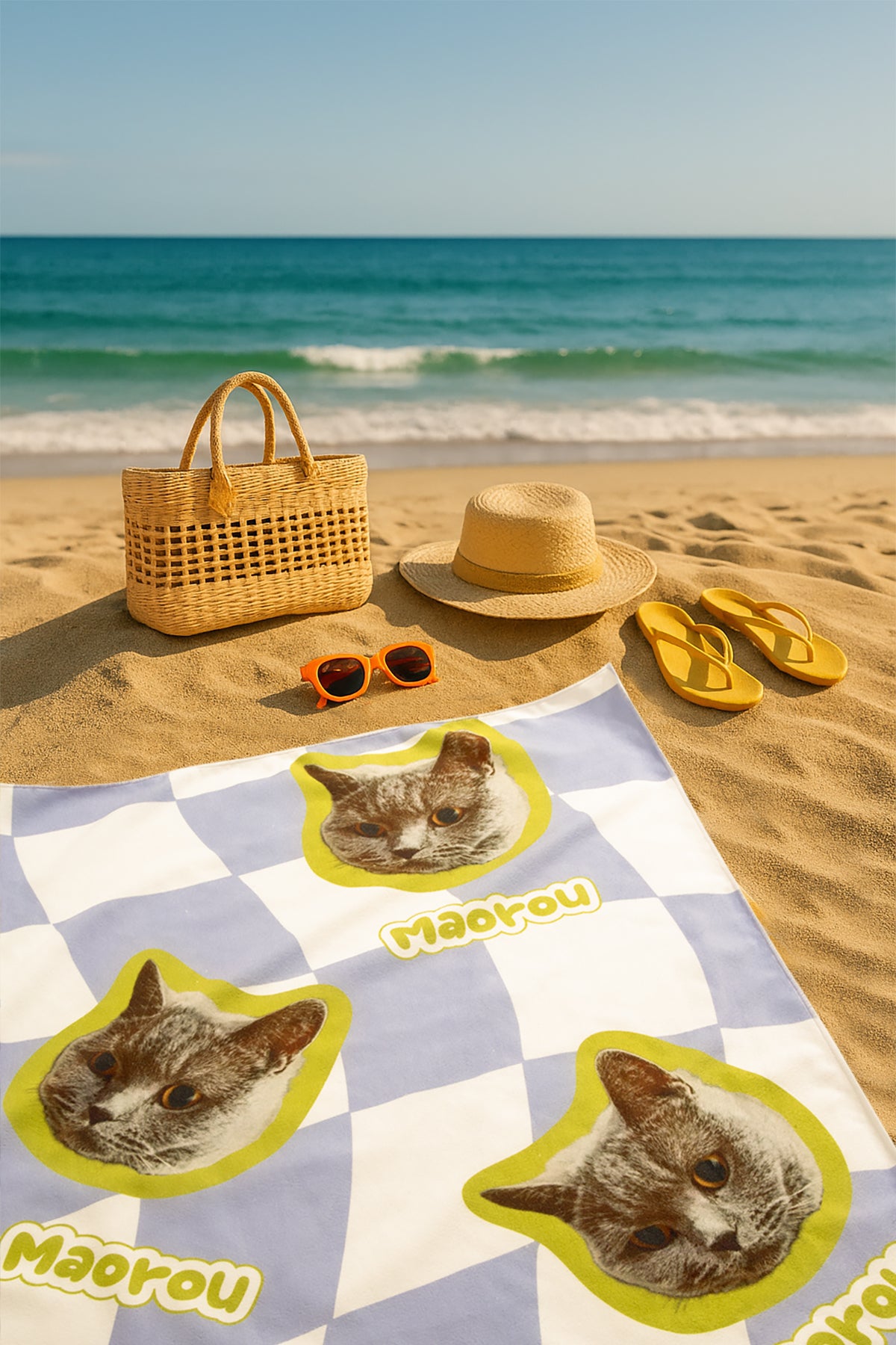 Custom Pet Beach Towel | Checkered Background & Pet Portrait | Personalized Line Art or Graphic Style