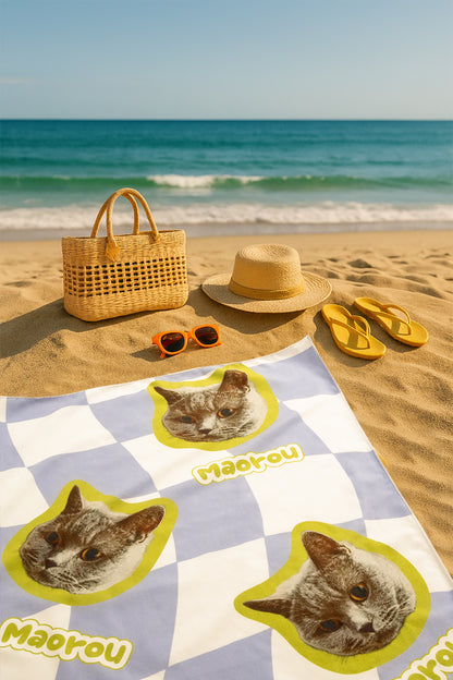 Custom Pet Beach Towel | Checkered Background & Pet Portrait | Personalized Line Art or Graphic Style