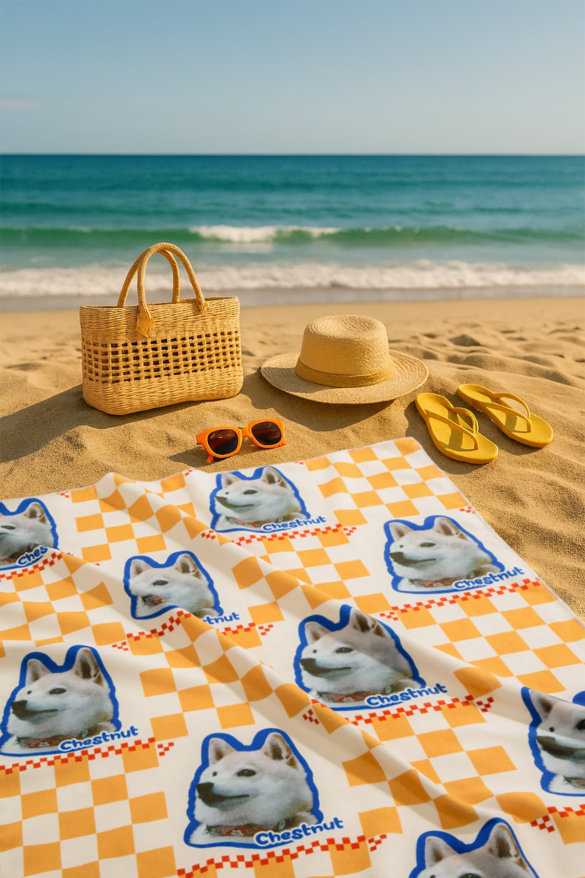 Custom Pet Beach Towel | Checkered Background & Pet Portrait | Personalized Line Art or Graphic Style