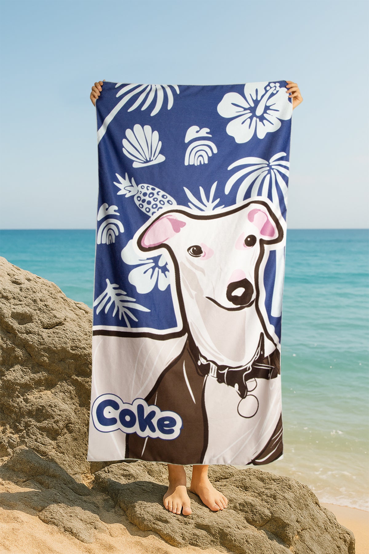 Custom Pet Beach Towel | Beach Scene Background with Personalized Pet Portrait | Optional Line Art or Graphic Illustration