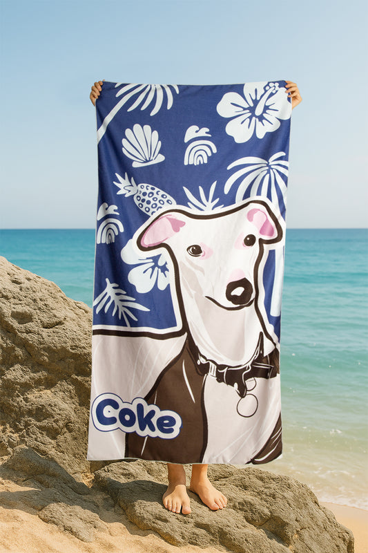 Custom Pet Beach Towel | Beach Scene Background with Personalized Pet Portrait | Optional Line Art or Graphic Illustration