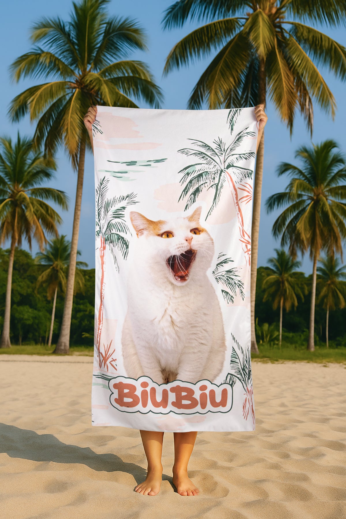 Custom Pet Beach Towel | Beach Scene Background with Personalized Pet Portrait | Optional Line Art or Graphic Illustration
