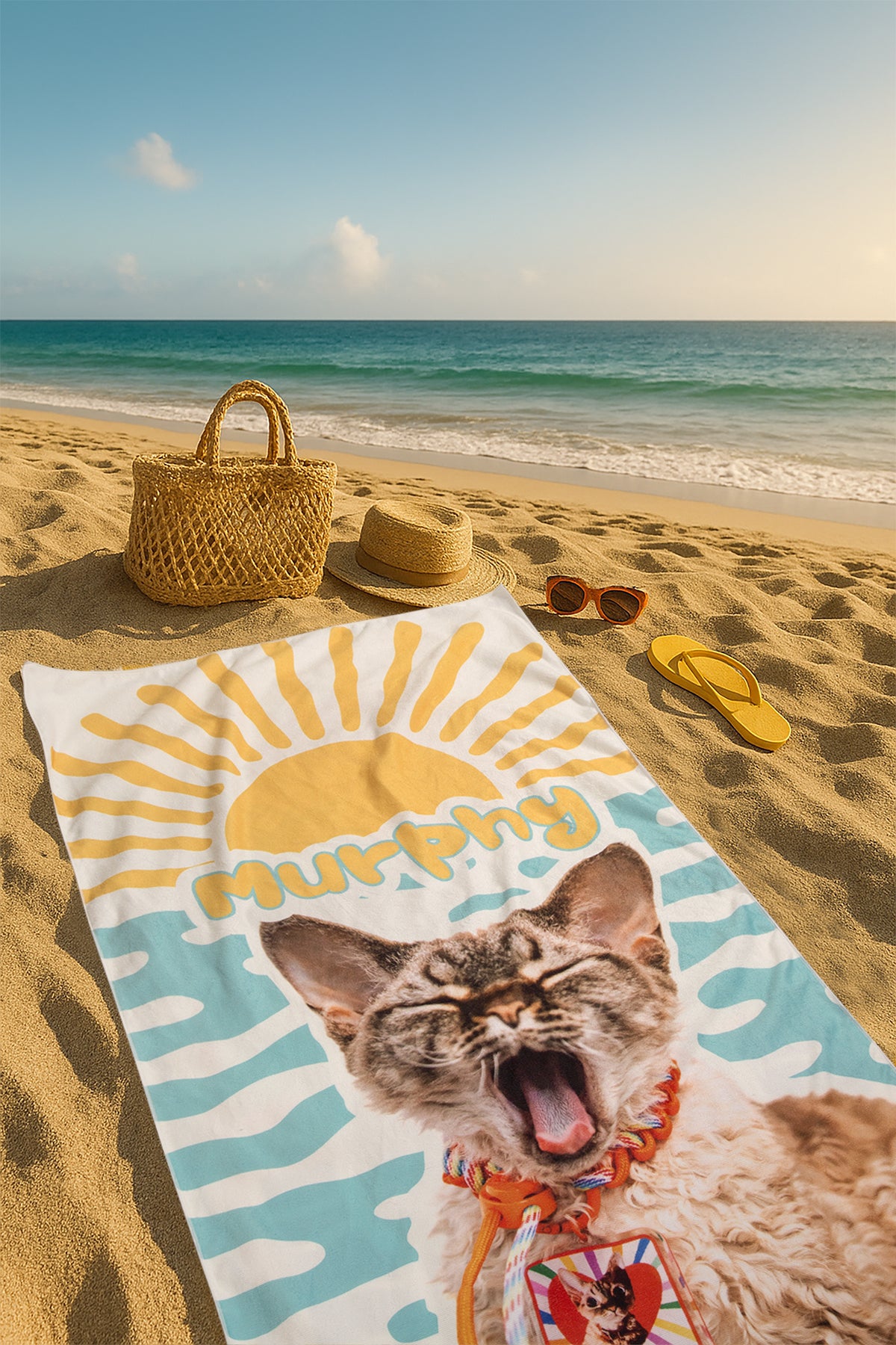 Custom Pet Beach Towel | Beach Scene Background with Personalized Pet Portrait | Optional Line Art or Graphic Illustration