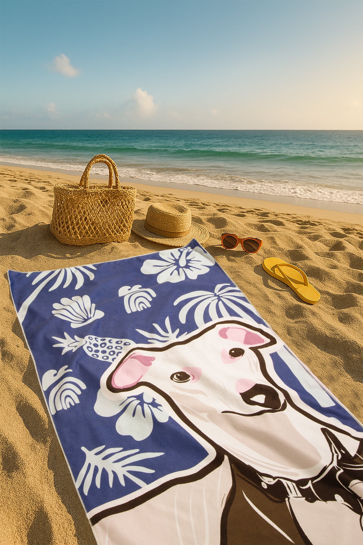 Custom Pet Beach Towel | Beach Scene Background with Personalized Pet Portrait | Optional Line Art or Graphic Illustration
