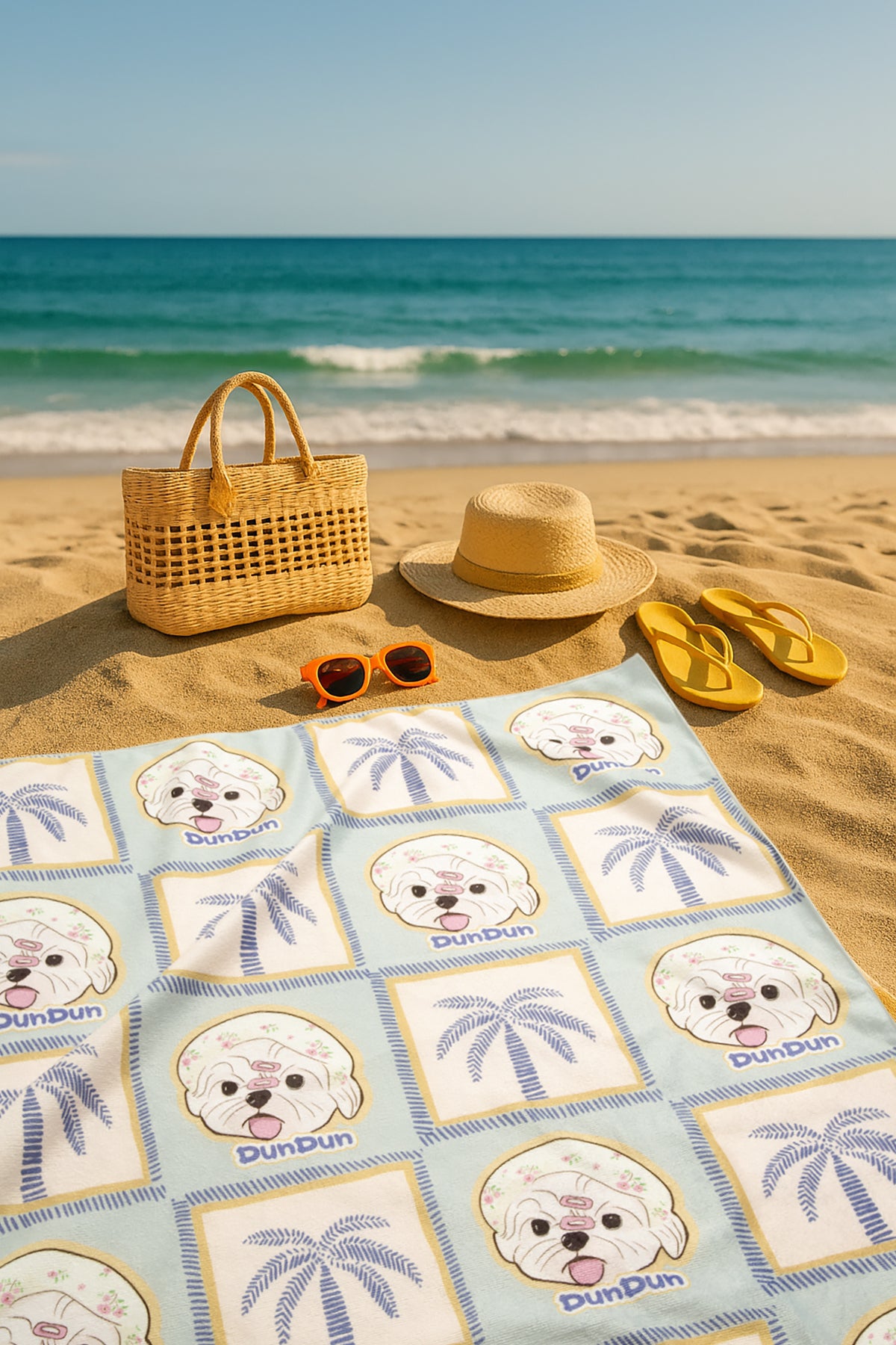 Custom Pet Beach Towel | Beach Scene Background with Personalized Pet Portrait | Optional Line Art or Graphic Illustration