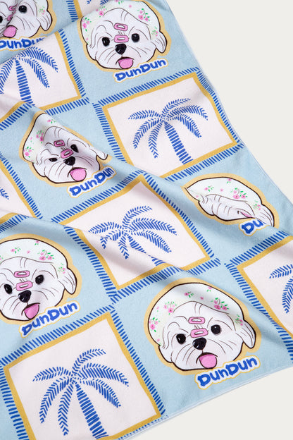 Custom Pet Beach Towel | Beach Scene Background with Personalized Pet Portrait | Optional Line Art or Graphic Illustration