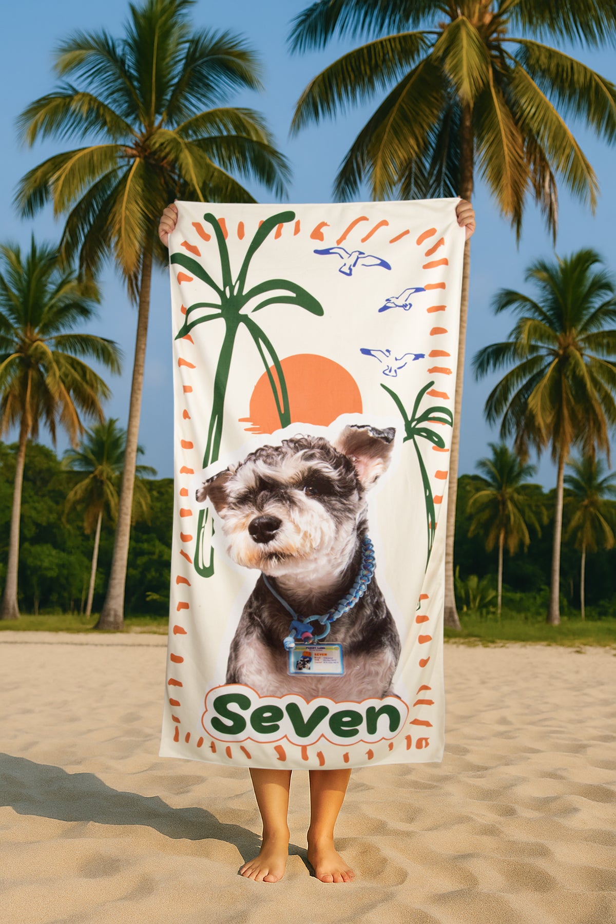 Custom Pet Beach Towel | Beach Scene Background with Personalized Pet Portrait | Optional Line Art or Graphic Illustration