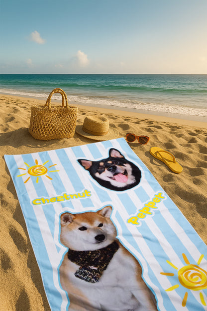 Custom Pet Beach Towel with Striped Background | Personalized Pet Portrait | Optional Line Art or Graphic Illustration