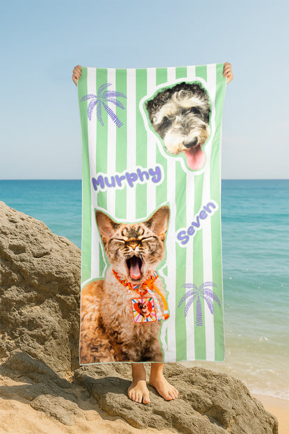 Custom Pet Beach Towel with Striped Background | Personalized Pet Portrait | Optional Line Art or Graphic Illustration