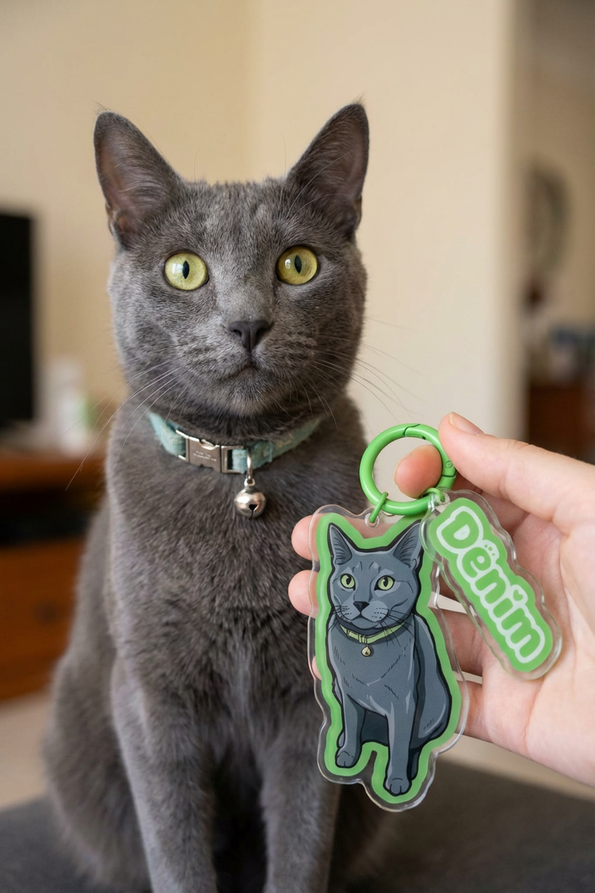 Gray cat wearing a collar with a bell, holding a keychain with a cat design and 'purr' text.