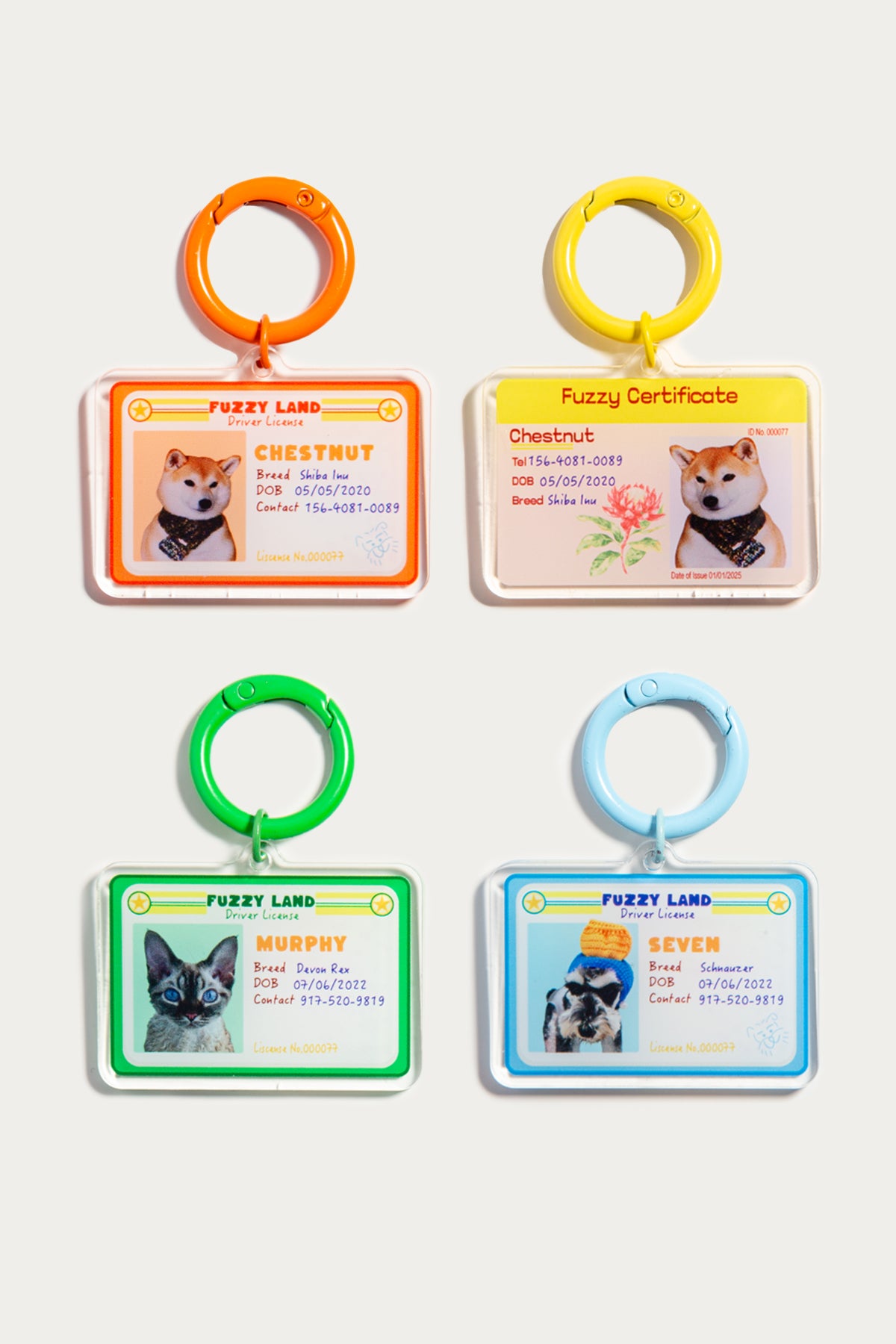 Four colorful pet ID card holders with different animals on a white background