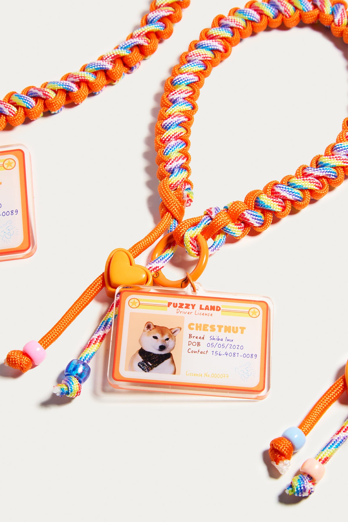 Colorful braided lanyard with a card holder featuring a dog illustration on a white background