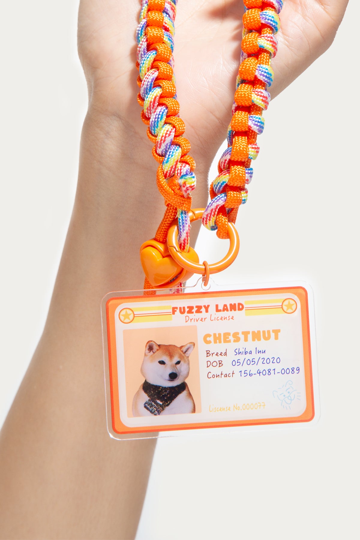 Colorful braided lanyard with a badge holder featuring a dog's photo and information.