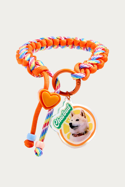 Colorful braided keychain with a heart-shaped tag and dog tag featuring a dog illustration on a light gray background.