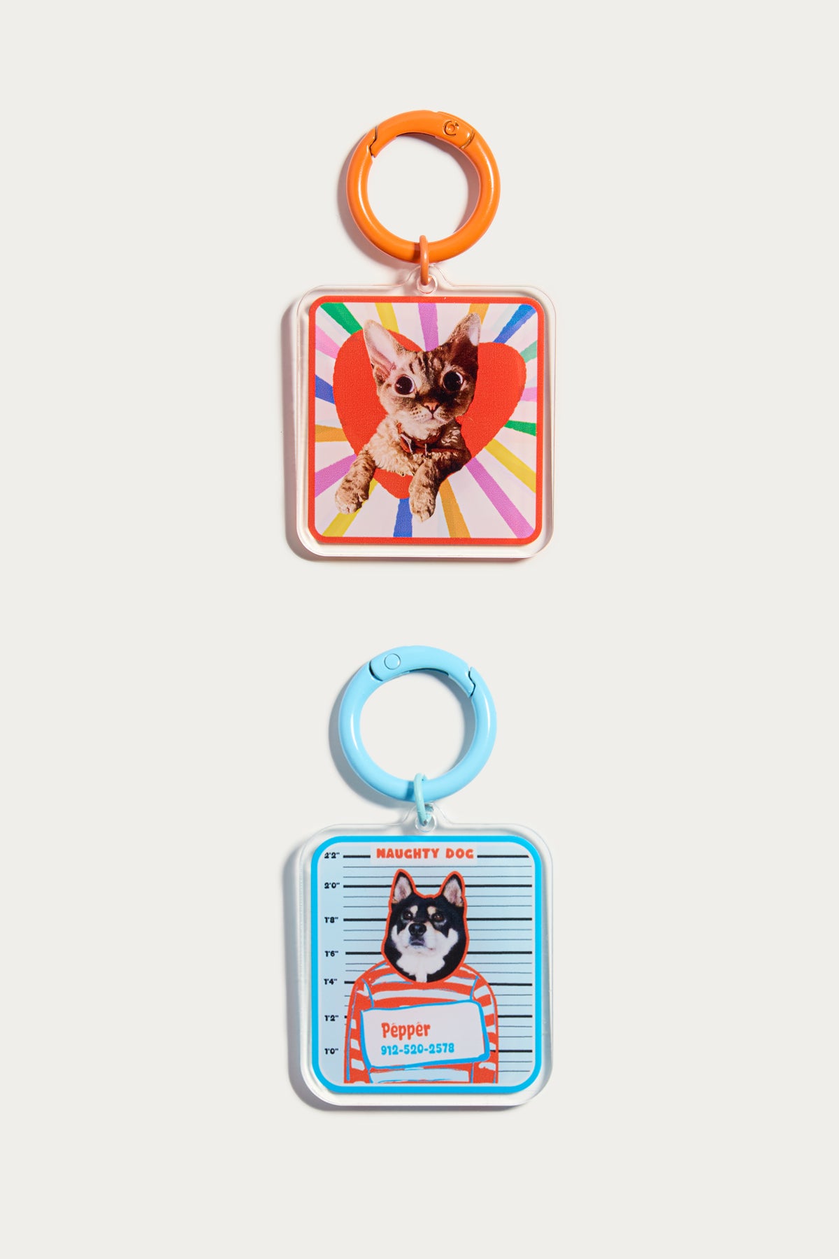 Two keychains with dog illustrations on a white background