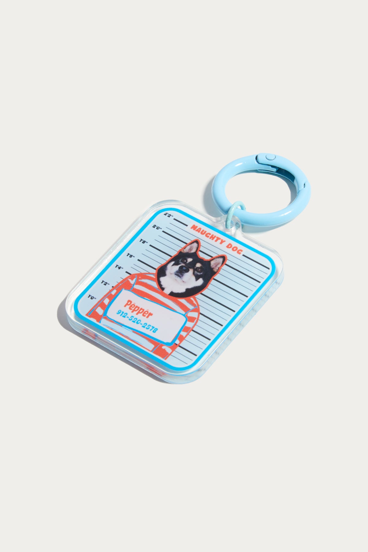 Pet tag with a dog illustration and text on a white background