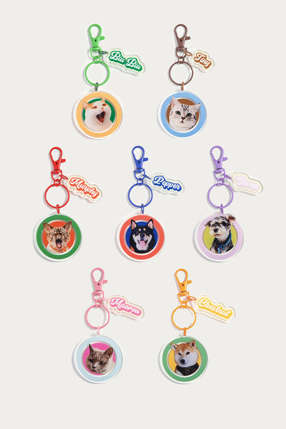 Custom Round Pet Photo Keychain | Personalized Acrylic Dog or Cat Name Keyring | 7 Colors, Pattern & Solid Styles Available