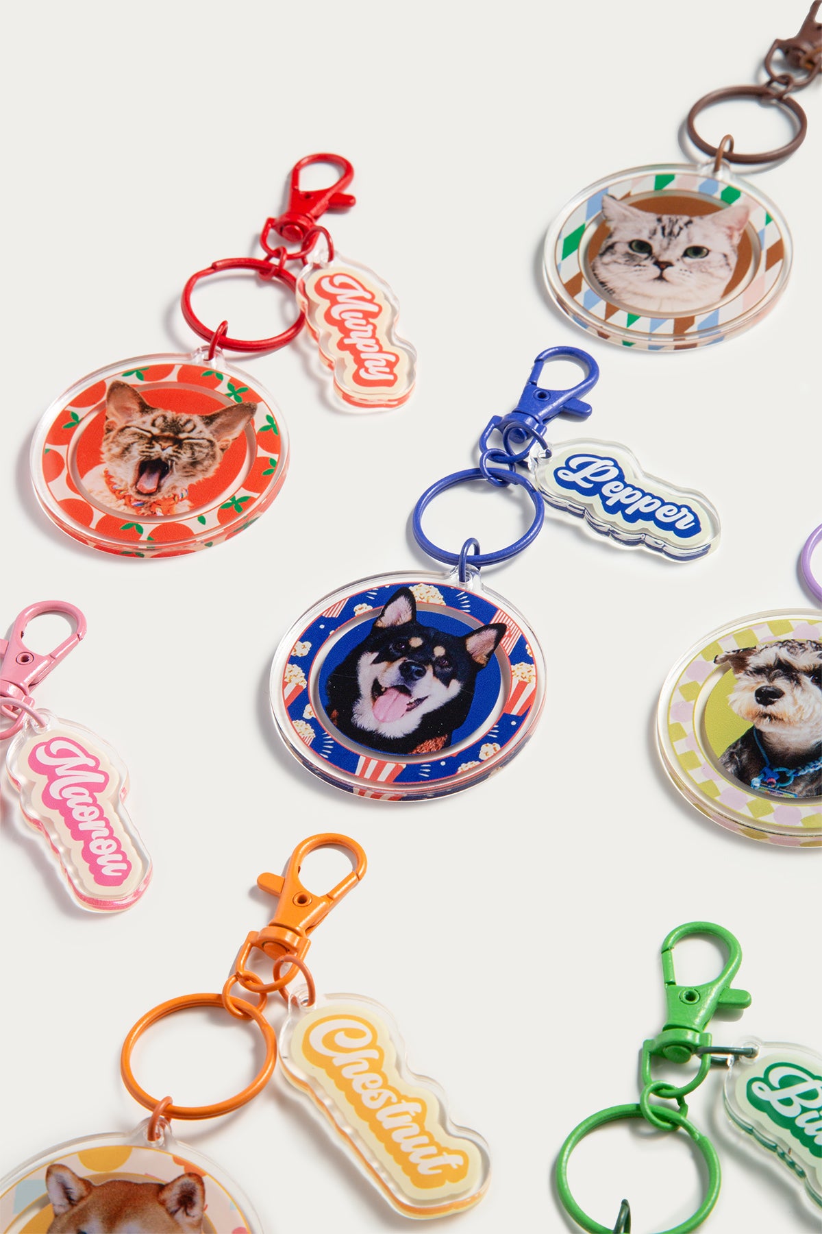 Custom Round Pet Photo Keychain | Personalized Acrylic Dog or Cat Name Keyring | 7 Colors, Pattern & Solid Styles Available