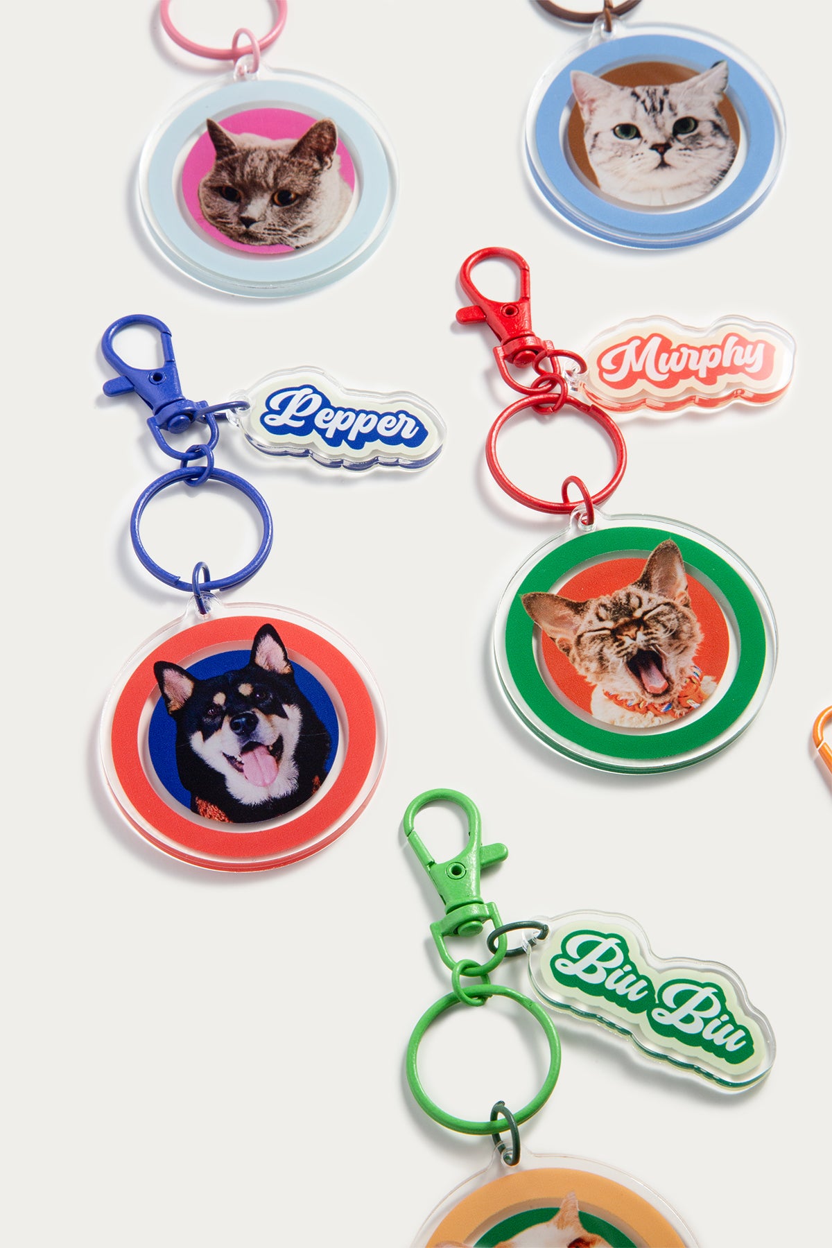 Custom Round Pet Photo Keychain | Personalized Acrylic Dog or Cat Name Keyring | 7 Colors, Pattern & Solid Styles Available