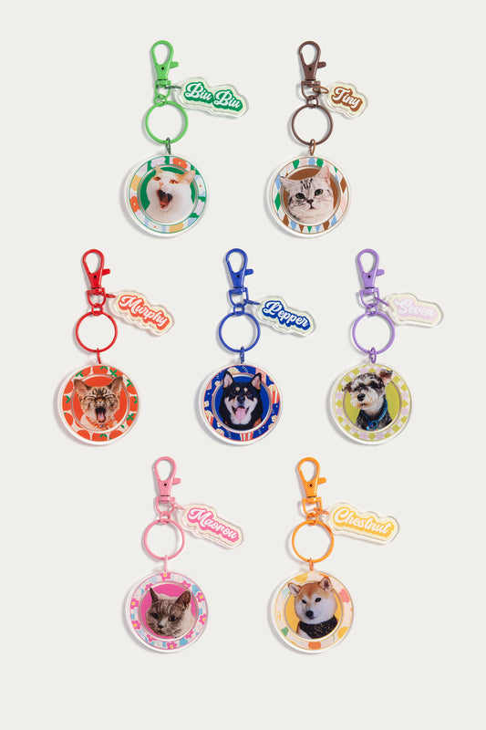 Custom Round Pet Photo Keychain | Personalized Acrylic Dog or Cat Name Keyring | 7 Colors, Pattern & Solid Styles Available