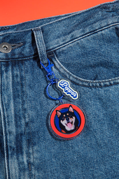 Custom Round Pet Photo Keychain | Personalized Acrylic Dog or Cat Name Keyring | 7 Colors, Pattern & Solid Styles Available