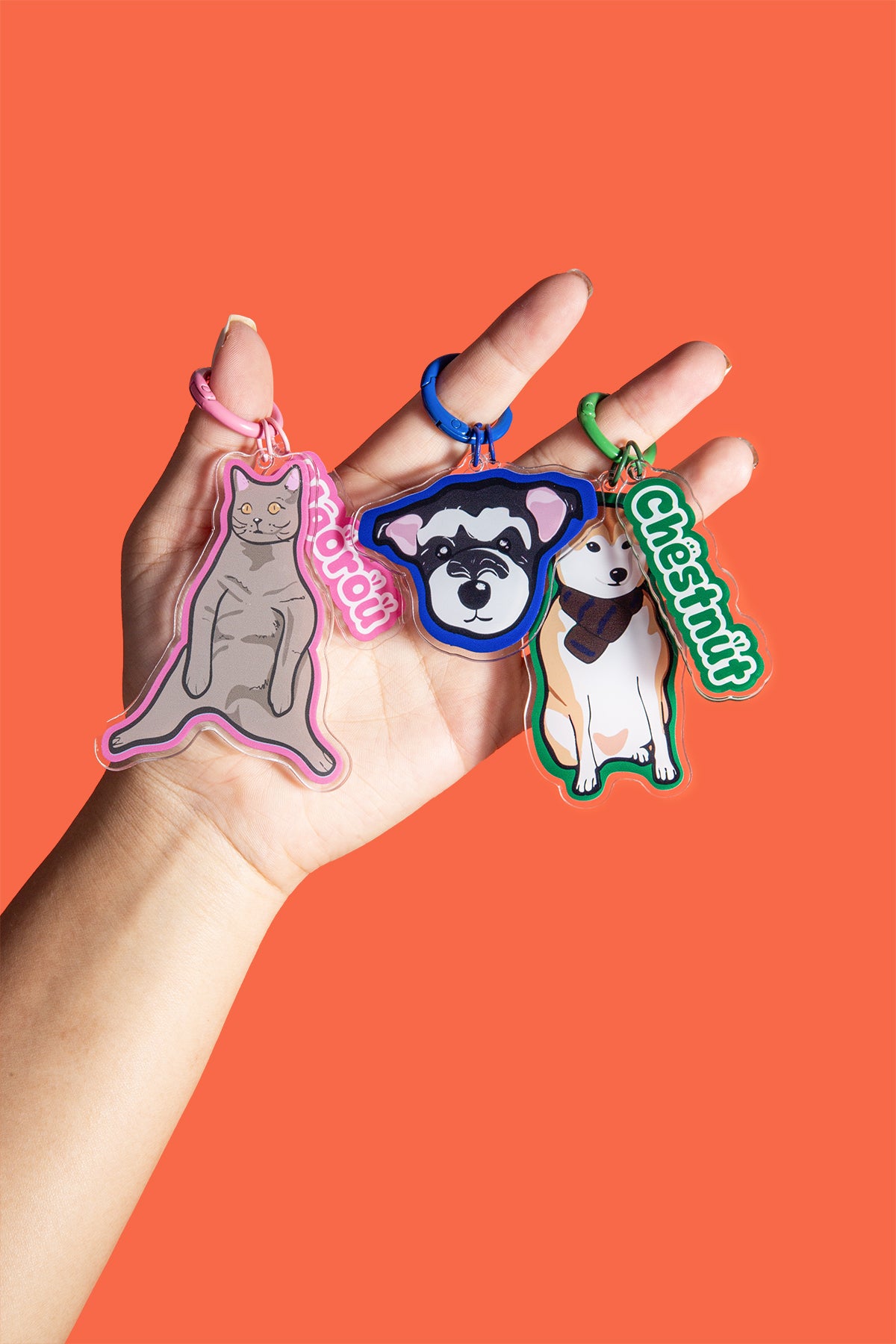 Hand holding three colorful keychains against an orange background