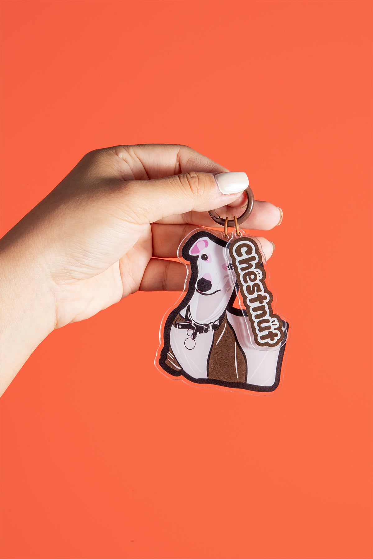 Hand holding a keychain with a dog design and 'Chesnut' text on an orange background